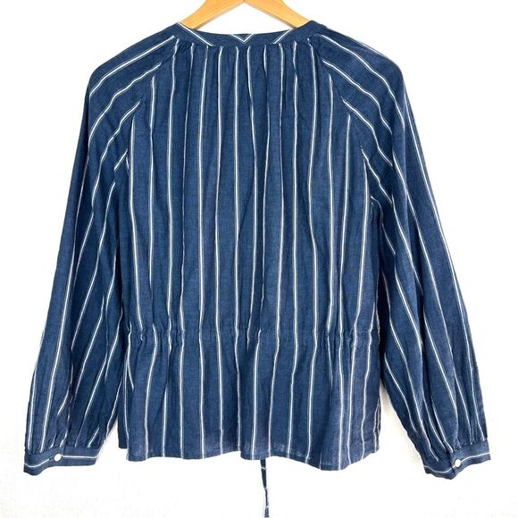 Like new J. Crew Linen Cotton Navy Stripe Balloon Sleeve Tie Waist Blouse 10 - Picture 4 of 6